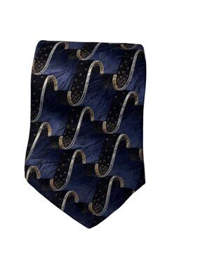 Villa Bugatti Men's Blue and Black Patterned Xtra Long Silk Necktie 100% Importe